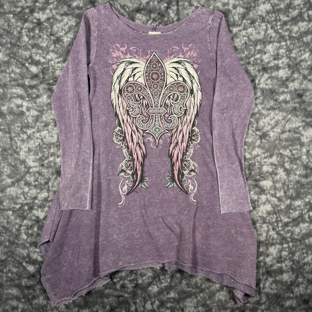 Vocal Rhinestone Wings Long Sleeve Tunic Shirt Womens Size M Purple Y2K Goth